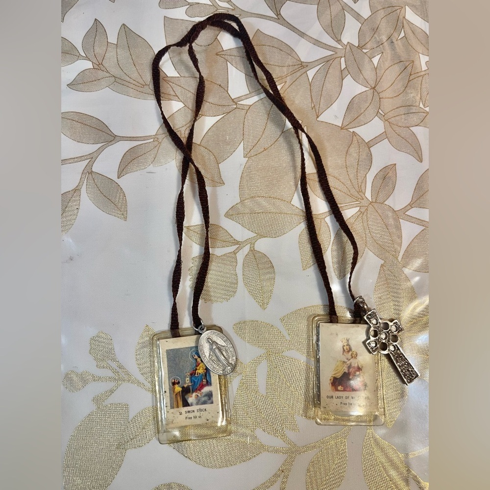 Catholic Brown Scapular Lady of Mt Carmel & St. Simon Stock Medal & Celtic Cross